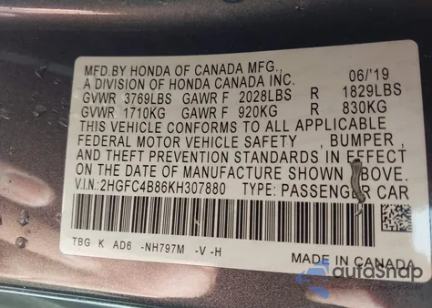 2019 Honda Civic Sport z USA, uszkodzony, nr VIN 2HGFC4B86KH307880